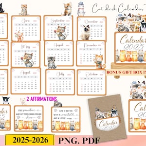 Puede incluir: Una plantilla de calendario de escritorio para gatos imprimible para 2025 y 2026. El calendario presenta ilustraciones de acuarela de gatos en varias poses. La plantilla incluye 12 páginas de calendario mensuales, una página de portada y dos páginas de afirmación. El texto "Calendario 2025" y "Calendario 2026" aparece en las páginas de portada. El texto "Mantente positivo y deja que tu felino interior brille" y "La vida es mejor con un poco de estiramiento y muchas siestas" aparece en las páginas de afirmación.