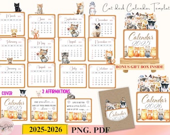 Cat Calendar 2025-2026, Printable Mini Calendar & DIY Pet Calendar, Small calendar Cut File Cricut Cat Gift Cat Lovers Cat Mom Desk planner