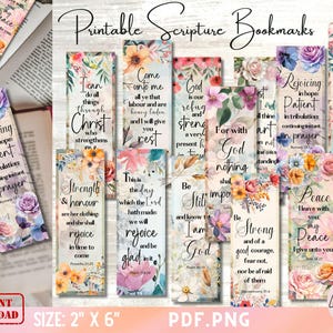 Puede incluir: Marcadores imprimibles con diseños florales de acuarela y versículos bíblicos inspiradores. Cada marcador mide 5,1 cm por 15,2 cm y presenta un versículo diferente. Los marcadores están disponibles en una variedad de colores, incluyendo rosa, azul, verde y amarillo.