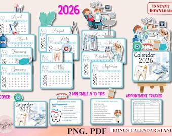 2026年 歯科医用卓上カレンダー、印刷可能な歯科カレンダー、病院カレンダー、医療カレンダーミニカレンダー、PNG 医療提供者ギフトプランナー