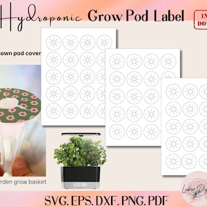 May include: Printable Hydroponic Grow Pod Labels, a set of three sheets with 36 blank circles for labeling your grow pods.  The image shows a sample label with a floral design and a clear plastic grow pod.