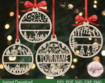 Adorno navideño personalizado, monograma navideño SVG cortado con láser, adorno de madera con nombre personalizado, archivo de monograma de adorno Cricut Glowforge