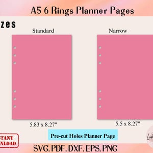May include: Two pink A5 planner pages with pre-cut holes for a 6-ring binder. The pages are available in two sizes: standard (5.83 x 8.27 inches) and narrow (5.5 x 8.27 inches).