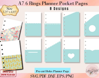 Plantilla de bolsillo para carpeta de agenda A7, archivo de corte de separador para carpeta A7, insertos de separador de 6 anillas, páginas de bolsillo SVG para separador Cricut, marcador de página anidado