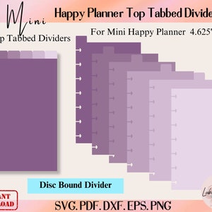 Mini modelo de divisor de encadernação de disco de planejador feliz, arquivo de corte de divisores de fichário, divisor de encadernação de disco de notebook, divisor com guias superiores, marcadores de página aninhados