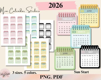 2026 Mini calendar PNG Stickers,Small Monthly Planner Printable,Print then Cut Journal Stickers,Bullet journal,Goodnotes Notability Calendar