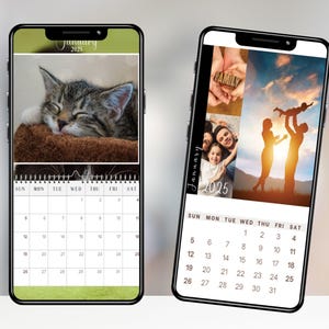 May include: Two smartphone screens displaying a January 2025 calendar with different photos. The left screen shows a sleeping kitten, and the right screen shows a collage of family photos.