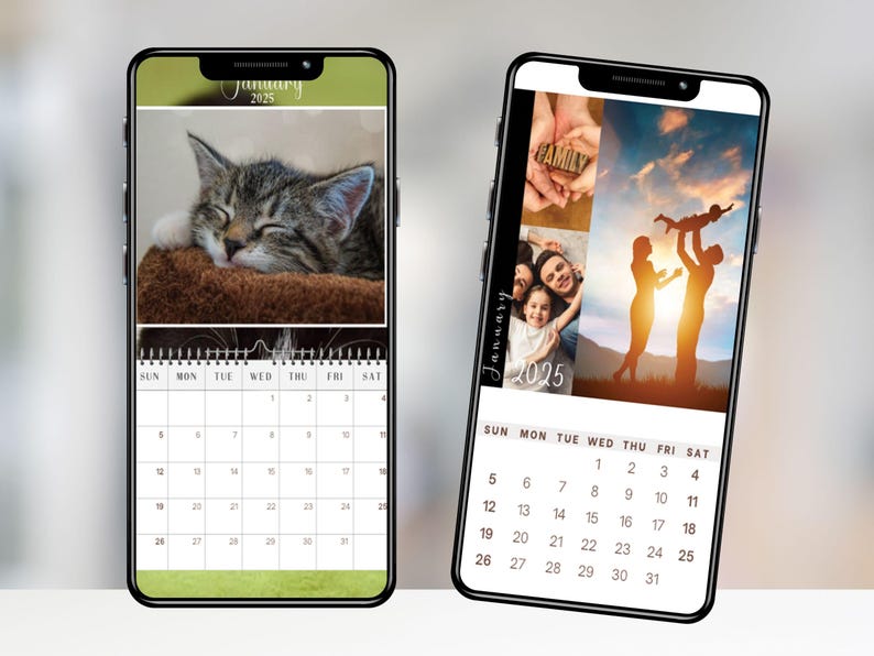 May include: Two smartphone screens displaying a January 2025 calendar with different photos. The left screen shows a sleeping kitten, and the right screen shows a collage of family photos.