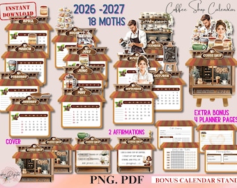 2026-2027 Desk Monthly Coffee Calendar, Coffee Shop Calendar,Mini Printable Coffee lover Calendar Coffee Lovers Gift Desk Planner Printable
