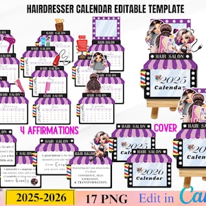 Op de afbeelding: Een set van 17 afdrukbare PNG-bestanden voor een kapsalonkalender sjabloon. De kalender heeft een paars en wit kleurenschema met een cartoonillustratie van een kapper. De kalender is bewerkbaar in Canva en bevat 4 affirmaties.