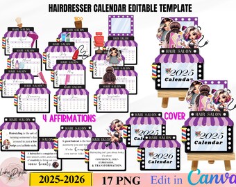Editable Hairdresser Desk Calendar,Stylist Salon Calendar, hair stylist calendar, Canva calendar 2025-2026,Hair Dresser Gift