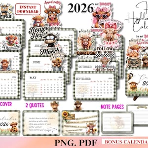 Könnte beinhalten: Ein 2026 Highland Cow Kalenderset mit verschiedenen Designs. Der Kalender enthält Monatsseiten mit einem grün-weiß karierten Rand, Cover-Art, Zitaten und Notizseiten. Der Kalender zeigt Illustrationen von Highland-Kühen.