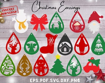 Paquete de pendientes navideños en formato SVG, pendientes cortados con láser en formato SVG, archivo de corte para pendientes, pendientes de piel sintética, archivo de corte para Cricut, Glowforge SVG