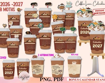 2026-2027 Desk Monthly Coffee Calendar, Coffee Cup Calendar,Mini Printable Coffee lover Calendar Coffee Lovers Gift Desk Planner Printable