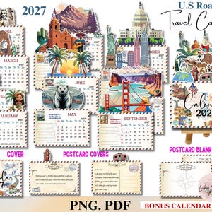 May include: A 2027 U.S. Road Trip travel calendar featuring monthly pages with illustrations of American landmarks like Mount Rushmore, the Golden Gate Bridge, and the Statue of Liberty. Includes postcard-style covers, blank pages, and a bonus calendar stand.
