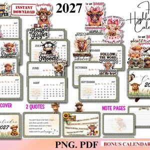 Könnte beinhalten: Ein druckbares Kalender-Set für 2027 mit Aquarellillustrationen von Hochlandrindern und verschiedenen humorvollen Zitaten. Die Sammlung enthält Monatsseiten, ein Deckblatt, Notizseiten und ein Design für einen Kalenderständer.