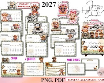 2027 Funny Highland Cow Calendar,Farmhouse Desk Calendar Printable,Cute Cow Quotes Calendar, Country Cottage Humor Decor, Gift for Cow Lover