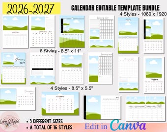 2026-2027 Calendar Template Bundle,Photo Yearly Calendar,Wall Calendar,Blank Calendar,Editable Calendar,Canva Editable Calendar,DIY Calendar