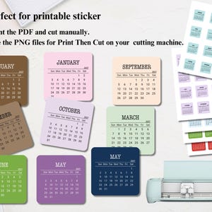 May include: A collection of square printable calendar stickers in various colors including brown, pink, light blue, green, purple, and dark blue. The stickers feature the months of January, March, May, June, September, October, and November for 2027.
