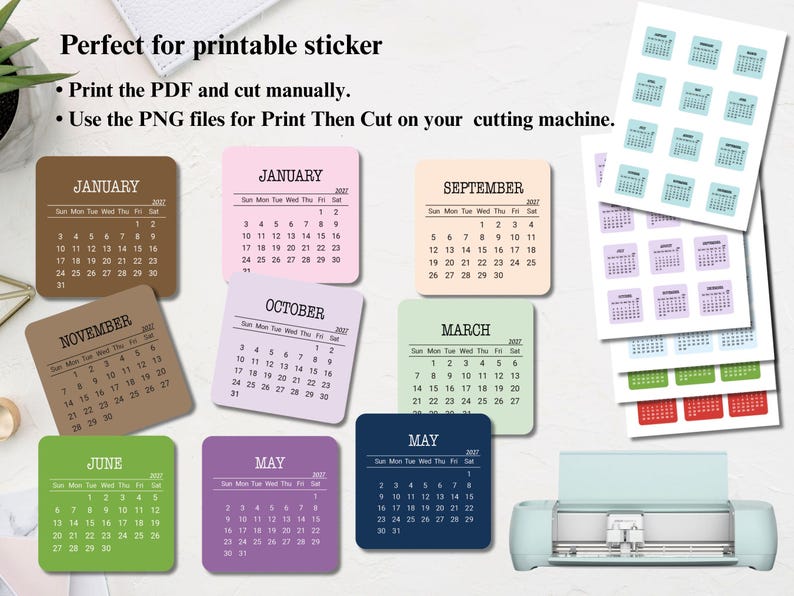 May include: A collection of square printable calendar stickers in various colors including brown, pink, light blue, green, purple, and dark blue. The stickers feature the months of January, March, May, June, September, October, and November for 2027.