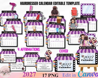 May include: A 2027 hairdresser calendar editable template set featuring purple and white striped awnings, barber poles, and various hair salon illustrations including styling tools, chairs, mirrors, and cartoon characters with text.