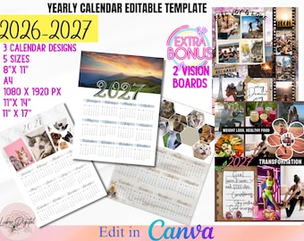 2026-2027 Calendar Template, Photo Yearly Calendar,2027 Wall Calendar,Blank Calendar,Editable Calendar,Canva Editable Calendar,DIY Calendar