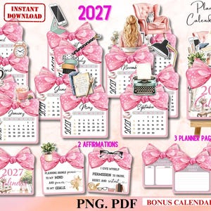 May include: A 2027 Planner Girl calendar set featuring monthly pages, affirmation cards, and planner pages decorated with pink polka-dot bows. The collection includes a cover, calendar stand, and various stationery illustrations like a typewriter, desk lamp, and books.