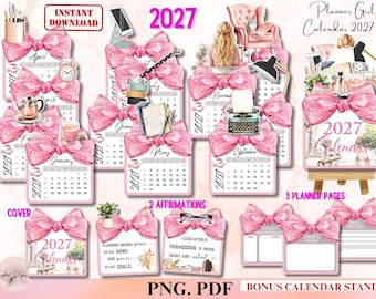 May include: A 2027 Planner Girl calendar set featuring monthly pages, affirmation cards, and planner pages decorated with pink polka-dot bows. The collection includes a cover, calendar stand, and various stationery illustrations like a typewriter, desk lamp, and books.