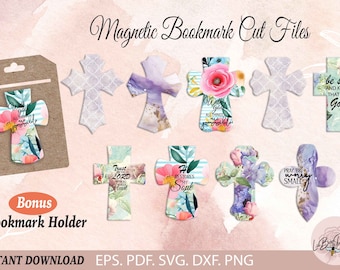 May include: Set of 8 digital cut files for creating magnetic bookmarks. Each bookmark features a cross with a floral design and inspirational text. The text includes quotes such as "With God all things are possible", "Trust in the Lord with all your heart", "He restores my soul", and "Be still and know that I am God".