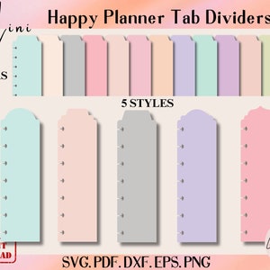 Plantilla SVG de marcador Mini Happy Planner de 5 estilos, página de inserción encuadernada en disco de Happy Planner, divisor encuadernado en disco, divisor de pestañas Cricut