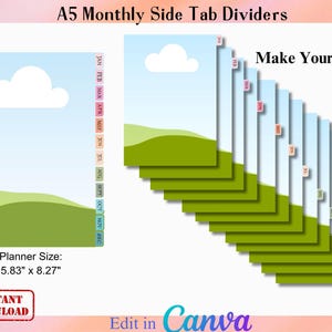 May include: A set of A5 monthly side tab dividers featuring a landscape design with a blue sky, white cloud, and green hills. The tabs are labelled with months from January to December. The text reads A5 Monthly Side Tab Dividers, Make Your Own, 5.83" x 8.27", Instant Download, and Edit in Canva.