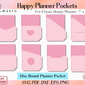 Modelo de bolso clássico para planejador feliz com disco, pacote SVG de inserções para planejador clássico com disco, arquivos de corte SVG para páginas de bolso para Cricut