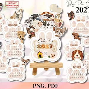 May include: A 2027 Dog Paw Calendar set featuring twelve individual month pages shaped like paw prints, each decorated with various dog illustrations. The central piece displays the text Calendar 2027 on a bone-shaped graphic with a dog house.
