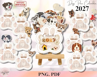 Puede incluir: Un conjunto de calendario 2027 con forma de huellas de perro que incluye doce páginas mensuales decoradas con varias ilustraciones de perros. La pieza central muestra el texto Calendar 2027 sobre un gráfico en forma de hueso con una caseta.