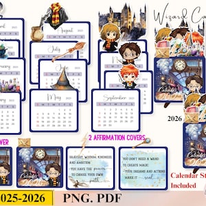 以下が含まれることがあります： 2025年と2026年の印刷可能な魔法使いをテーマにしたカレンダーセット。カレンダーには、魔法使い、城、その他の魔法の要素のイラストが描かれています。セットには、12か月分のカレンダーページ、2つのアファメーションカバー、カレンダースタンドが含まれています。画像の上部には「Wizard Calendar」というテキストがあります。画像の下部には「2025-2026」というテキストがあります。画像の下部には「PNG. PDF」というテキストもあります。