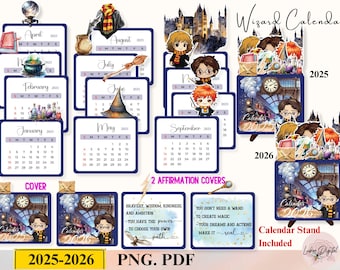 2025-2026 Calendrier de bureau Wizard, Wizard Academy calendrier de bureau avec support de bricolage Baguette de sorcier cadeau bureau Balai sorcier fichier Cricut Cut