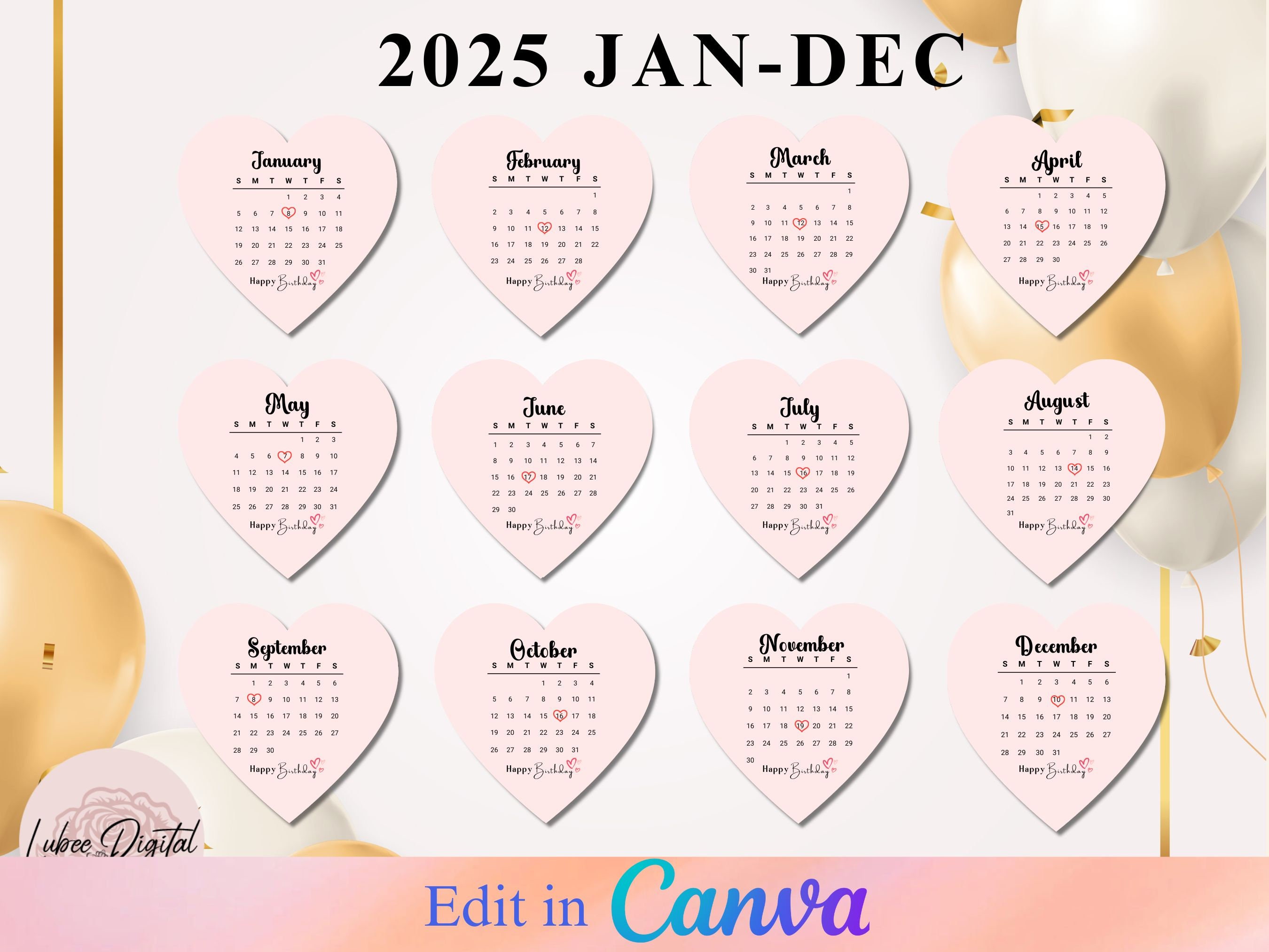 Canva Editable Heart Cake Calendar,burn Away Calendar Cake Topper