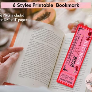 May include: Six printable bookmark designs featuring a pink and red ticket-style design with the text "Lifetime Membership Book Romance Book Club" and "Admit One Romance Reader".
