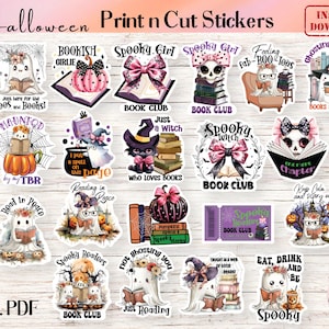 Gruselige Geist-Leser Halloween druckbare PNG-Aufkleber, digitale Buch-Liebhaber-Aufkleber Geschenk-Buch-Leser-Laptop-Druck, dann schnitten Hexen-Aufkleber