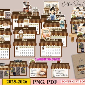 Puede incluir: Un conjunto de calendarios de cafetería imprimibles para 2025 y 2026. El calendario presenta una ilustración de acuarela de una cafetería con un toldo a rayas marrones y blancas. El calendario incluye 12 páginas mensuales, 2 portadas de afirmación y una caja de regalo de bonificación. El texto "Coffee Shop Calendar" está en la parte superior de la imagen.