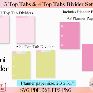Puede incluir: Un conjunto de divisores de planificador imprimibles para una mini carpeta. El conjunto incluye 3 divisores de pestaña superior en rosa y 4 divisores de pestaña superior en amarillo. El conjunto también incluye papel de planificador A9 en rosa. El tamaño del papel de planificador es de 2,3 x 3,1 pulgadas. La imagen incluye el texto "3 Top Tabs & 4 Top Tabs Divider Set", "A9 3 Top Tab Dividers", "Includes Planner Paper", "A9 Planner Paper", "Mini Binder", "A9 4 Top Tab Dividers", "Planner paper size: 2.3 x 3.1", "SVG.PDF.DXF.EPS.PNG", y "Lubce Digital".