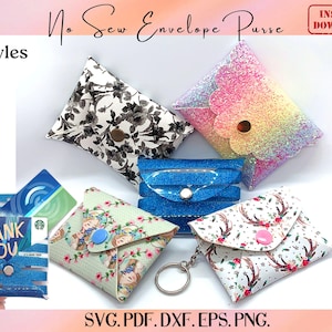 May include: Five envelope purses in various patterns including black and white floral, rainbow glitter, blue glitter, floral print, and deer print. Each purse features a snap closure. Text reads: No Sew Envelope Purse, 5 Styles, INSTANT DOWNLOAD, SVG. PDF. DXF. EPS. PNG.