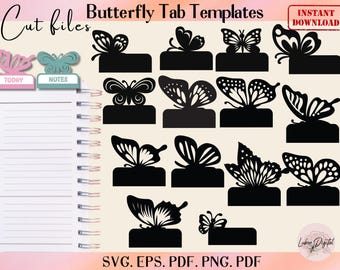 Puede incluir: Una colección de plantillas de pestañas de mariposa negras en varios diseños, con las palabras "Cut files" y "Butterfly Tab Templates" en la parte superior. Incluye pestañas "TODAY" y "NOTES". La imagen también incluye información de tipo de archivo: SVG, EPS, PDF y PNG.