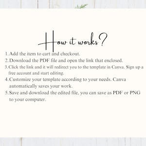 May include: Instructions on how to use a Canva template. The text explains how to add the item to cart, download the PDF file, click the link, customize the template, and save the edited file.