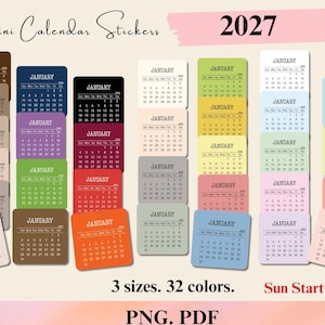 May include: A collection of square 2027 mini calendar stickers in 32 distinct colors. Each sticker features the month of January with a Sunday start date. The text includes Mini Calendar Stickers, 2027, 3 sizes, 32 colors, Sun Start, and PNG, PDF.
