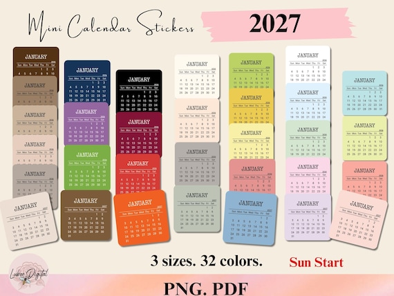 2027 Mini calendar PNG Stickers,Small Monthly Planner Printable,Print then Cut Journal Stickers,Bullet journal,Goodnotes Notability Calendar