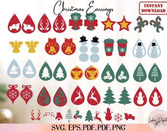 Paquete de pendientes navideños SVG, pendientes cortados con láser SVG, archivo de corte de pendientes, pendientes de piel sintética, archivo de corte para Cricut, Glowforge Svg