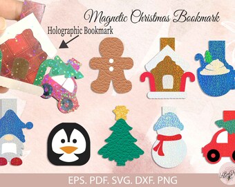 Plantilla de marcapáginas holográfico magnético navideño, plantilla de marcapáginas laminada, tarjeta de exhibición de marcapáginas con adornos, soporte para marcapáginas Cricut