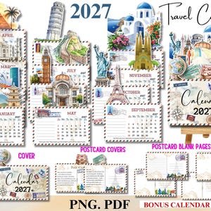 Calendrier de voyage 2027, calendrier de carte postale de voyage imprimable, calendrier de bureau 2027 destinations du monde vintage, timbre-poste, monuments emblématiques