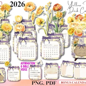 Puede incluir: Una colección de calendarios de escritorio 2026 con forma de tarros, adornados con flores amarillas y lazos morados. Cada calendario muestra un mes diferente, con opciones de notas y portada adicionales. El texto "Yellow Flower Desk Calendar" está en la parte superior.